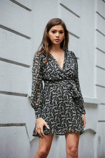 Black Floral Print Wrap Dress Double Second